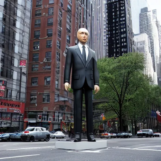 Prompt: a sculpture of putin standing in the middle of a street in new york city,