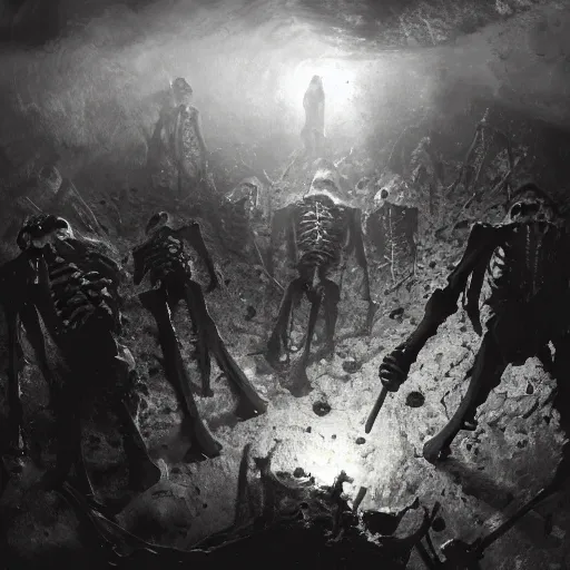 Image similar to living undead skeletons emerging from a pile of shit in the bottom of a very dark well. swords in their hands. wide angle. trending on artstation, craig mullins, gopro lens.