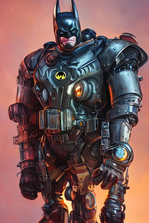 Image similar to batman hardmesh retro futurist steampunk fallout 7 6 power armor, hyper realistic, art cover, official fanart behance hd artstation by jesper ejsing, by rhads, makoto shinkai, final fantasy, unreal engine highly rendered, global illumination, radiant light, intricate environment radiating a glowing aura global illumination ray tracing hdr