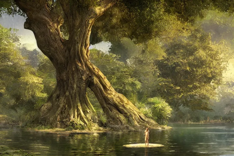 Prompt: adam and eve next to a tree and a lake, digital painting by craig mullins, by mattias adolfsson,