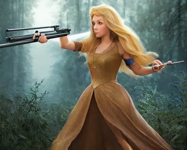 Prompt: disney princess with long blonde hair with m 9 0 sniper rifle on back : : weta disney pixar movie still photo : : hi - fructose, decadent highly - detailed digital painting, golden ratio, octane render, artstation, smooth, sharp focus, artgerm, mucha, loish, wlop