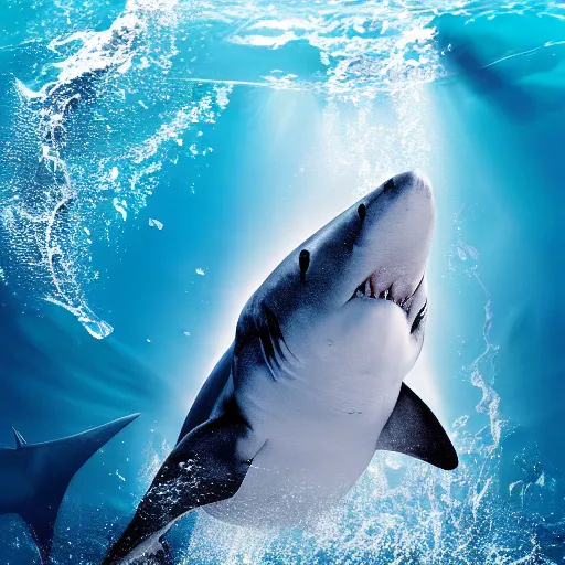 Image similar to a giant shark, water magic art, on the ocean water, ray tracing, realistic water sharp focus, long shot, 8 k resolution, cinematic, amazing water art