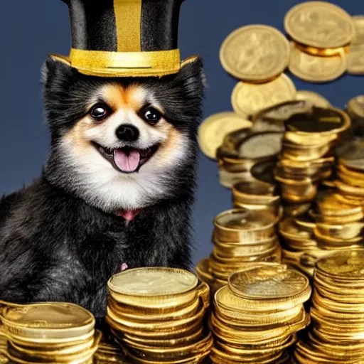 Prompt: A pomeranian wearing a top-hat and a monocle, sitting on top of a large pile of gold coins