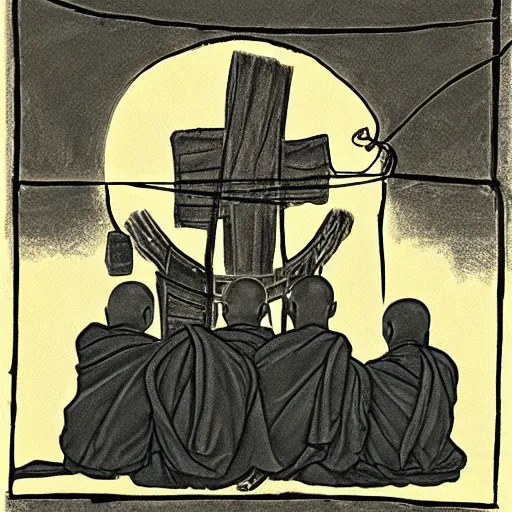 Image similar to 5 monks kneeling in a circle with wires coming out of the back of their heads connecting them to a computer in the center, dark shadowy surroundings, dystopian scifi, horror