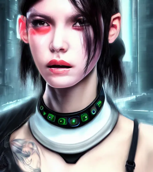 Image similar to detailed realistic female character cyberpunk wearing thick large collar around neck, realistic, art, beautiful, 4K, collar, choker, collar around neck, punk, artstation, detailed, female, woman, choker, cyberpunk, neon, punk, collar, choker, collar around neck, thick collar, tight around neck, punk,