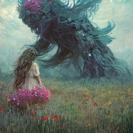 Prompt: a gigantic beautiful terrifying monster made of flowers looms over a tiny human. ethereal horror fantasy art by greg rutkowski and magali villanueve and monet