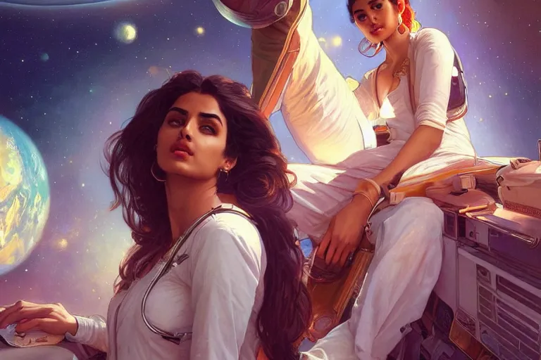 Image similar to Sensuous good looking pale young Indian doctors wearing jeans in a space station above Earth, portrait, elegant, intricate, digital painting, artstation, concept art, smooth, sharp focus, illustration, art by artgerm and greg rutkowski and alphonse mucha