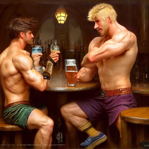 Image similar to attractive muscular male with brunet hair and attractive muscular male with blond hair. pants and shorts, drinking their hearts out, in a pub, close shot, very defined and detailed painting by gaston bussiere, j. c. leyendecker, craig mullins 8 k