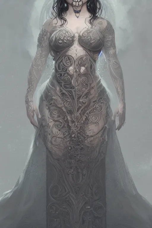 Prompt: ultra realist and ultra intricate detailed character concept art of a beautiful flirt muerte girl in a curvy long dress facing camera, symmetry features, sensual style, volumetric light and fog, fantasy background, artstation, Tom Bagshaw artstyle