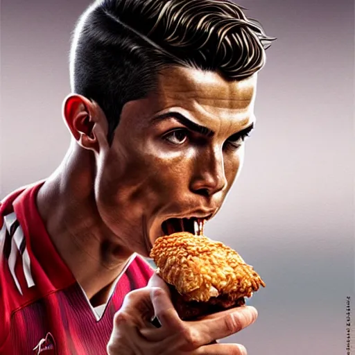 Image similar to Cristiano Ronaldo eating a mighty zinger from KFC, closeup, D&D, fantasy, intricate, elegant, highly detailed, digital painting, artstation, concept art, matte, sharp focus, illustration, art by Artgerm and Greg Rutkowski and Alphonse Mucha