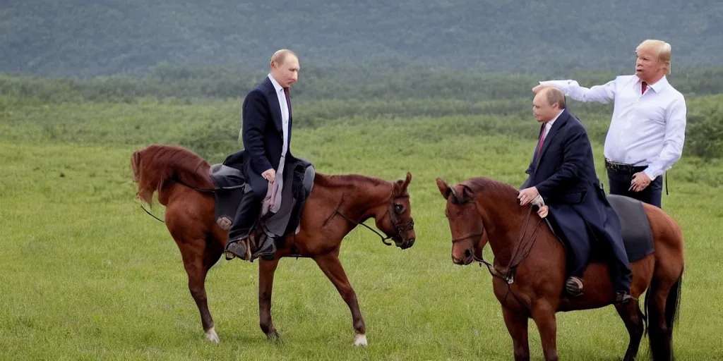 Prompt: putin horseback with no shirt, trump horseback with no shirt, holding hands