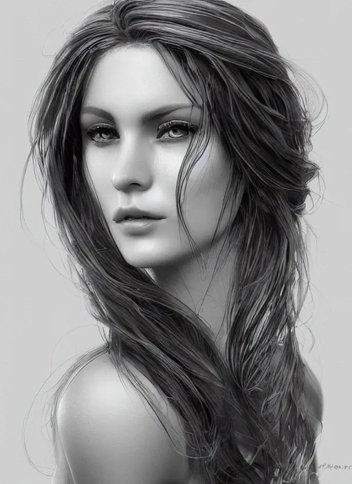 Image similar to up close portrait of a beautiful woman in black and white, photorealistic, intricate hair, art by diego fazio and diegoKoi and oscar Ukono, concept art, sharp focus, artgerm, 8k highly detailed