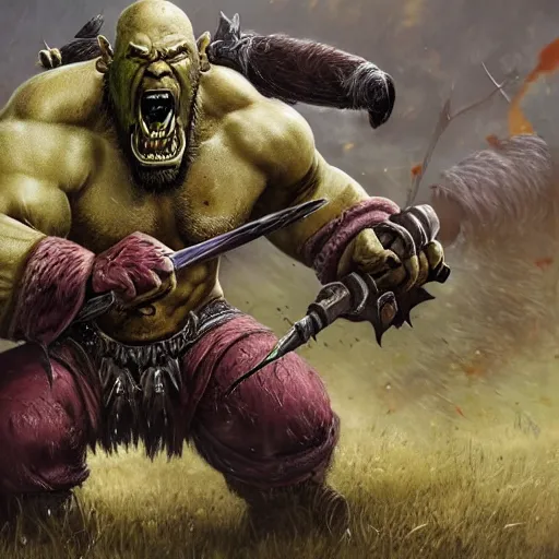 Prompt: warcraft orc holding an axe on the battlefield surrounded by bodies of fallen enemies screaming