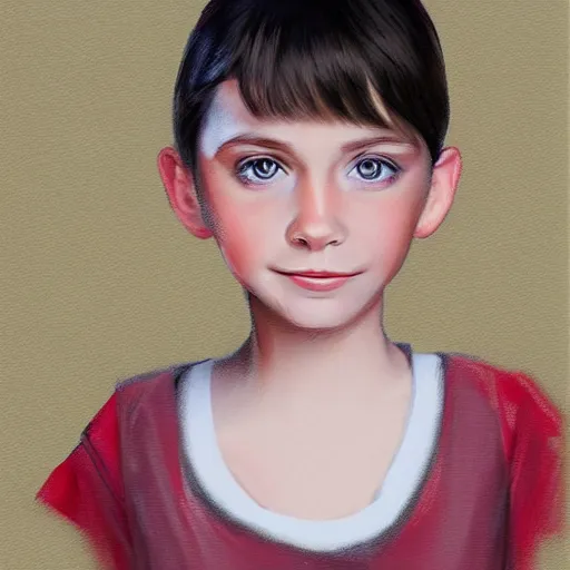 Prompt: a digital portrait of a 9 year old with black hair,hazel green eyes, drawn in the style of mark Arian