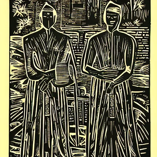 Image similar to monarchy as thieves, african lino cut, high contrast