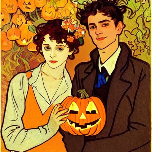 Image similar to painting of handsome young delicate beautiful jeffrey in his 2 0 s with brown hair and gorgeous rina together at the jack o'lantern halloween party holding pumpkins, elegant, clear, painting, stylized, art, art by alphonse mucha, vincent van gogh, egon schiele,