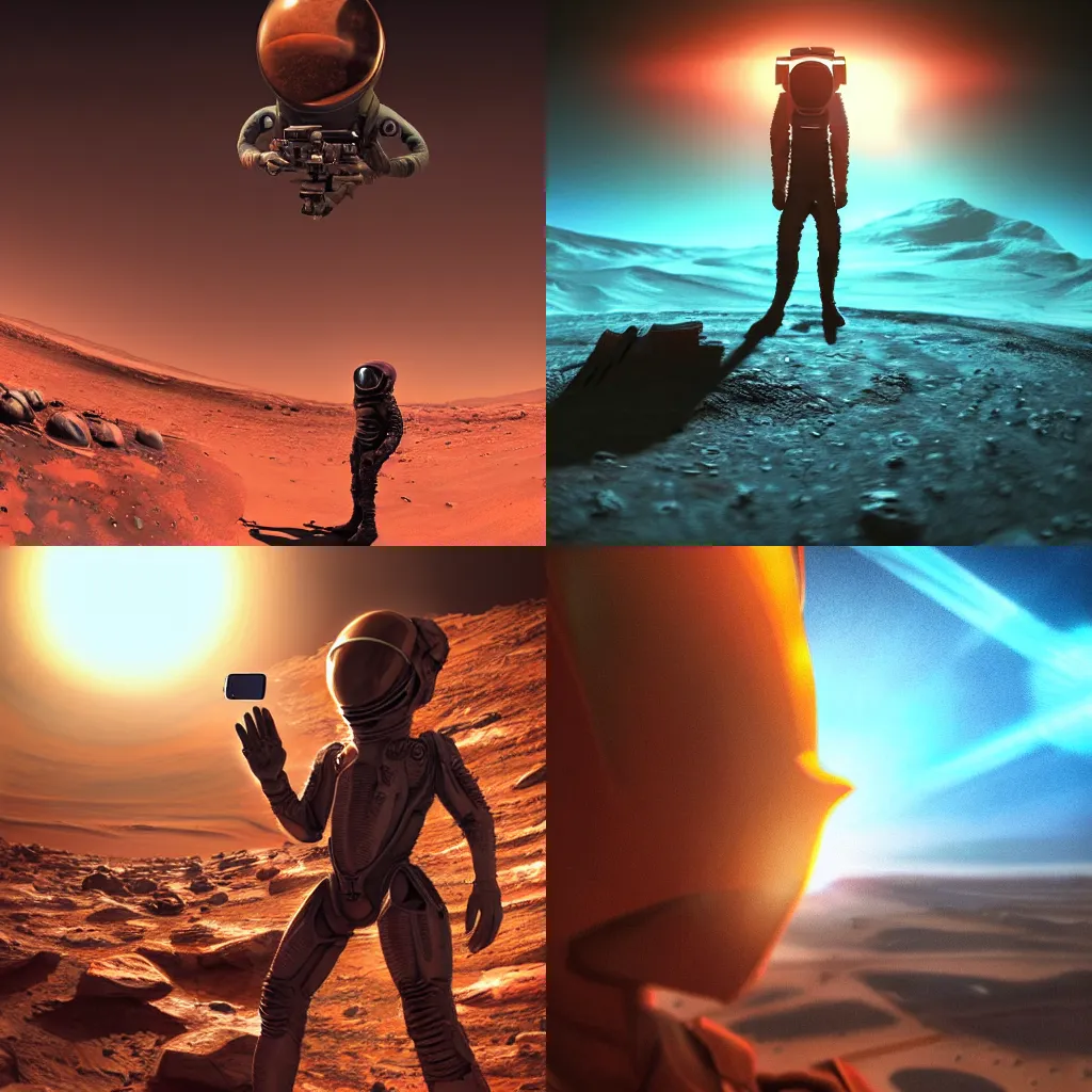 Prompt: alien taking a selfie on mars, dramatic lighting, cinematic establishing shot, extremely high detail, photorealistic, cinematic lighting, artstation style