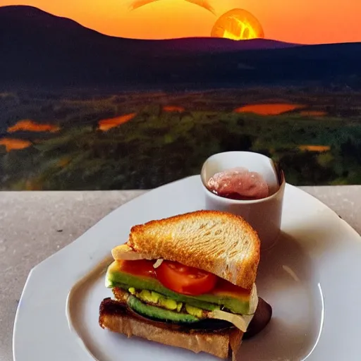 Prompt: sandwich with fried tofu, one tomato slice, one onion ring, avocado, melted cheddar, over a dish that is over a table, with a sunset and rainbow in the background with saturn and stars in the sky