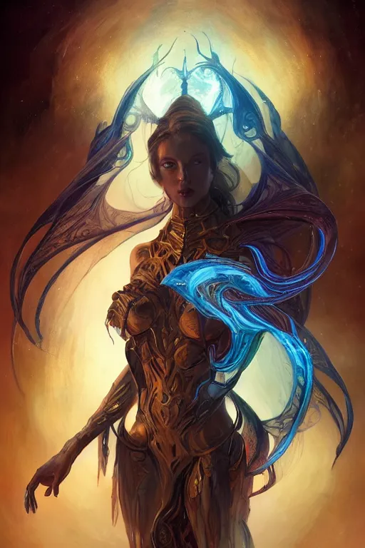 Image similar to portrait of a demonic galactic conqueror with inhuman body, galactic storms, nexus of the universe, godlike, full body, fantasy, intricate, elegant, highly detailed, digital painting, artstation, concept art, sharp focus, illustration, art by artgerm and greg rutkowski and alphonse mucha and ross tran