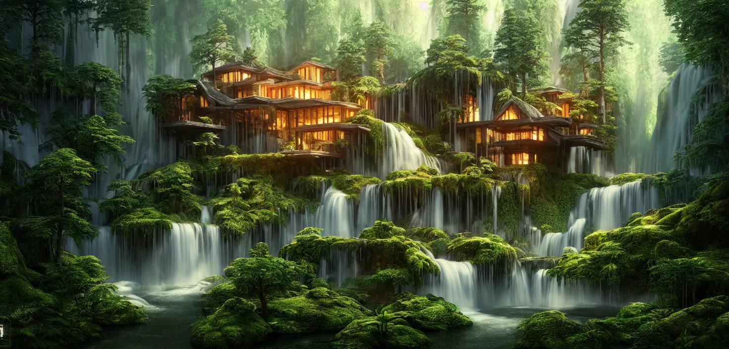 Image similar to beautiful big house in the forest, waterfall flows down from the mountain, octane render, fabulous, hyper detailed, random cinematic view, no noise, global illumination, warm lighting, volumetric, godrays, vivid, by jordan grimmer