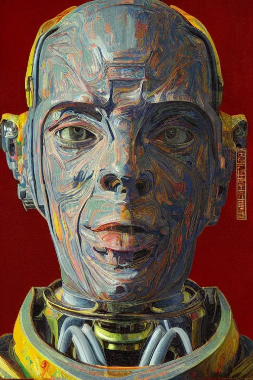 Image similar to robot monk painting a self - portrait on a canvas. intricate, highly detailed, photorealistic, film still, by christopher doyle.