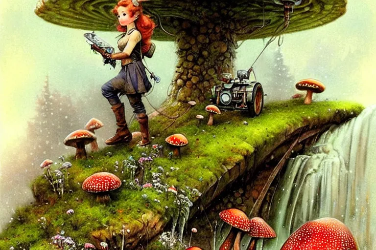 Image similar to adventurer ( ( ( ( ( 1 9 5 0 s retro future robot android mouse tractor in forrest of giant mushrooms, moss and flowers stone bridge waterfall. muted colors. ) ) ) ) ) by jean baptiste monge!!!!!!!!!!!!!!!!!!!!!!!!! chrome red