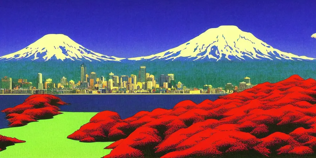 Image similar to seattle with mount rainier in the background, acid and dreaming psychedelic hallucinations, by kawase hasui, moebius and edward hopper, colorful flat surreal design, hd, 8 k, artstation