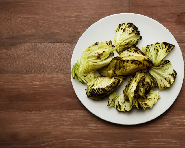 Prompt: 8 5 mm food photography of a plate full of grilled cabbage at restaurant with dof and bokeh and wine glasses o