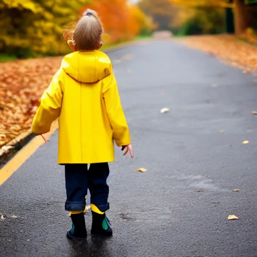 Image similar to anthropomorphic cute kitten wearing a yellow raincoat and yellow boots getting off the schoolbus on the first day of kindergarten, with colorful fall leaves and light rain, critical moment photograph