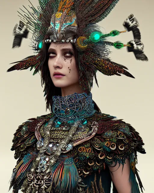 Image similar to 3 d warrior goddess medium shot portrait. beautiful hyperrealistic intricate highly detailed magpie helm and richly embroidered blouse, quetzalcoatl, bioluminescent, curious, kintsugi, plasma, lava, ice, feather, artwork by tooth wu and wlop and chiara bautista, octane 3 d render