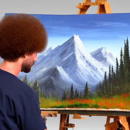 Prompt: a closeup photorealistic photograph of bob ross working on a canvas painting of darth vader. film still. brightly lit scene. mountains and trees. this 4 k hd image is trending on artstation, featured on behance, well - rendered, extra crisp, features intricate detail, epic composition and the style of unreal engine.