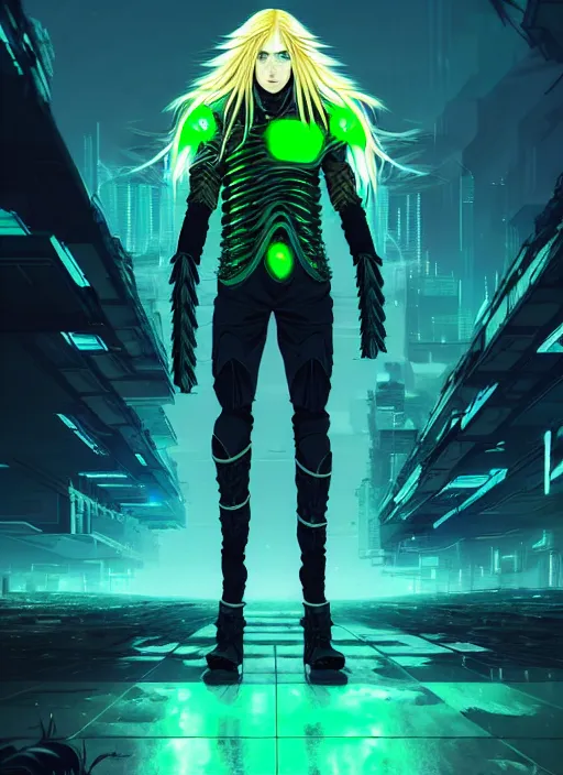 Image similar to a striking cinematic full body manga portrait of a male warrior with long blonde hair and blue eyes wearing evil green spiked cyberpunk armour and standing in the desolate burning ruins of a futuristic city by hirohiko araki and beeple, fine details, digital art, character concept art, volumetric lighting, cinematic light, photorealistic