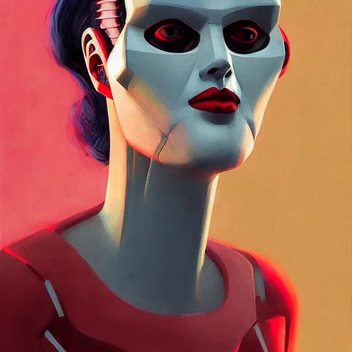 Prompt: Portrait of a girl with red lipstick and a parallel mind electro brain half robot cyberpunk nural network on her brain, very coherent, painted by Edward Hopper, Wayne Barlowe, painted by James Gilleard, airbrush, art by JamesJean