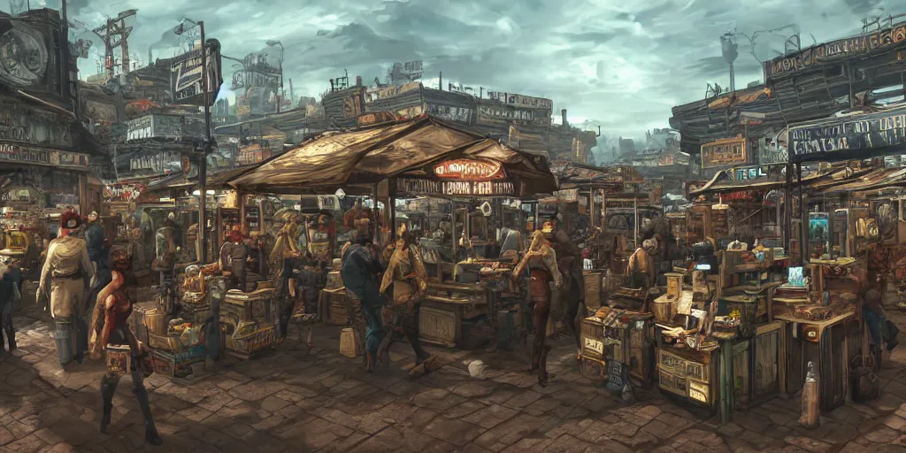 Image similar to a busy marketplace full of merchants, fallout style,, digital art, 4 k,