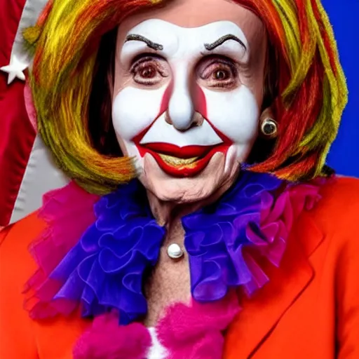 Prompt: Nancy Pelosi as a clown with a clown wig, clown nose and clown makeup whiteface, highly-detailed realistic