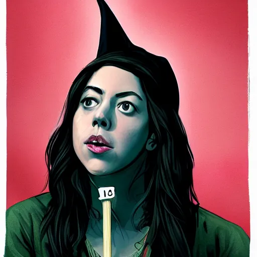 Image similar to young witch aubrey plaza eating a bat, art by sam yang