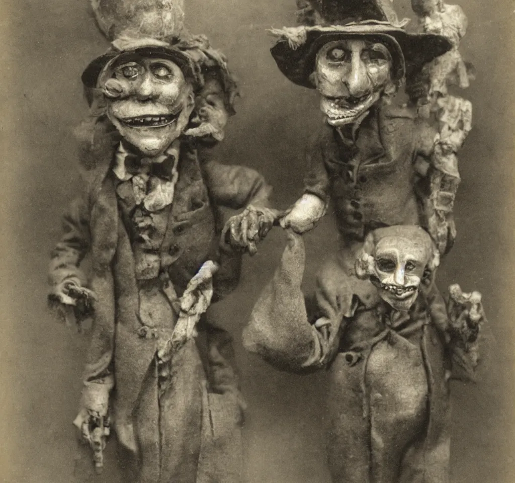 Image similar to a ventriloquist figure wearing a funny hat, ventriloquist dummy head, smiling, photograph, style of atget, nightmare, concept art, creepy, antique