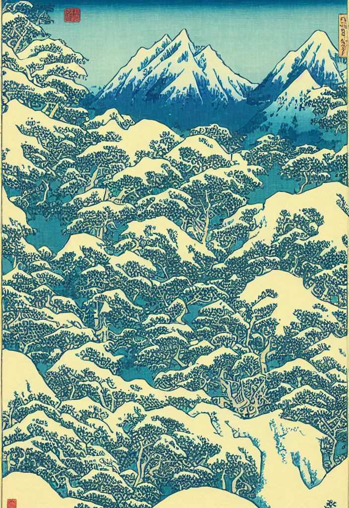 Image similar to Swiss alps valley in the summer, woodblock art by Hokusai