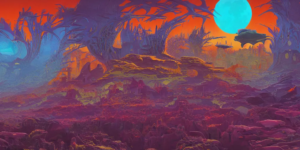 Image similar to striking colours vivid, gaps holes, neonothopanus, creatures, metropolis in distance, moons, realistic landscape art by roger dean, reflections, art by michael whelan, organic textures, seedpods, art by kilian eng, moebius artwork, ultrawide angle, hires 8 k detailed natural textures