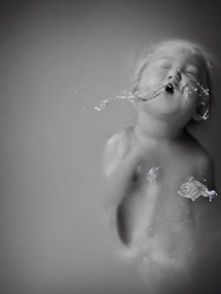 Prompt: analog photographic portrait with 5 0 mm lens and f / 1 2. 0 of a 5 years old woman woman with her eyes closed and spurting from her mouth a white viscous fluid floating in the air. with a slight variation of light in the liquid and gesture.