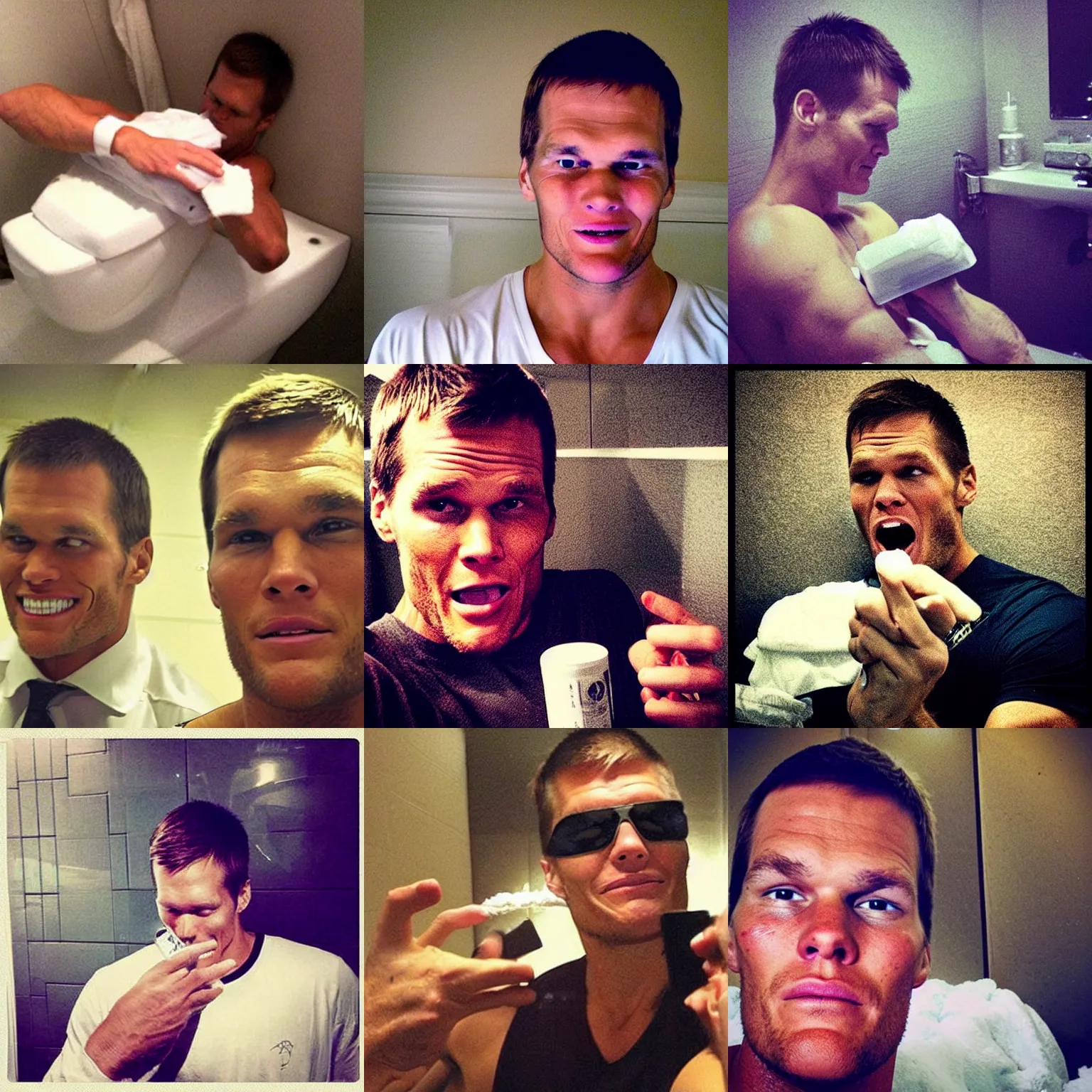 Prompt: Tom Brady snorting cocaine in a bathroom, 2013 Instagram post