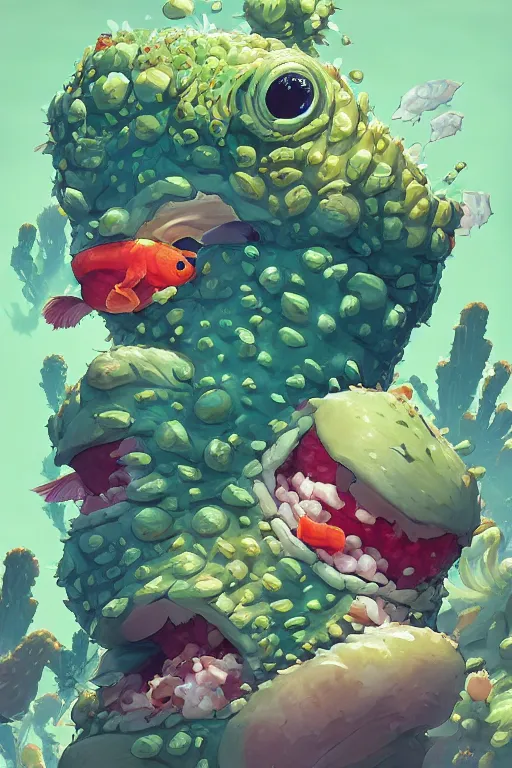 Image similar to 3 d render creature animal sushi cristal very big eye roots cactus elemental flush of force nature micro world fluo fishscale, comics gta 5 cover, official fanart behance hd artstation by jesper ejsing, by rhads, makoto shinkai and lois van baarle, ilya kuvshinov, ossdraws