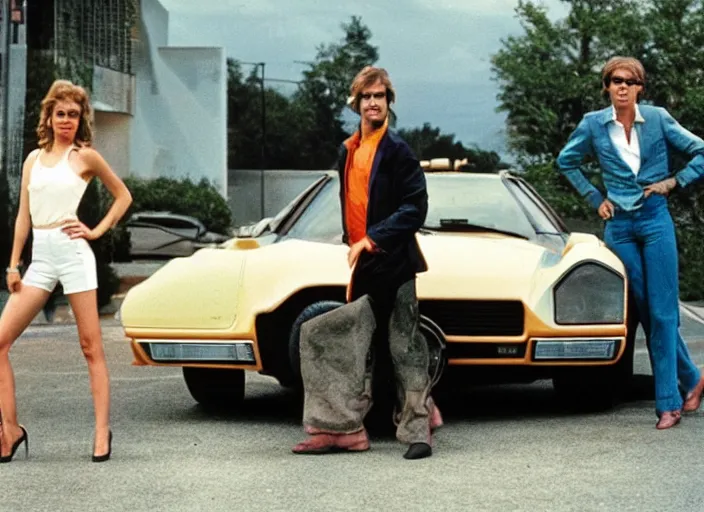 Prompt: color photo. a cool handsome photomodel standingwith hos arm crossed in the 8 0's. girl on both sides. sport car in the background