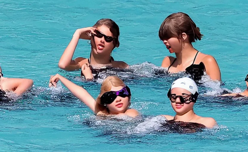 Prompt: emma watso, taylor swift, and selena gomez swim together