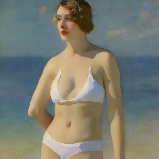 Image similar to a beautiful woman in an elegant see-thru white dress, wearing a black bikini underneath, 1920s, by Ilya Repin and WLOP, 8k octane render