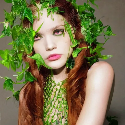 Image similar to A beautiful portrait of Charlotte Di Calypso as Poison Ivy from Batman as a Versace fashion model Spring/Summer 2010, highly detailed, in the style of cinematic, Getty images, Milan fashion week backstage, Makeup by Pat McGrath, Hair by Guido Palau, Greg rutkowski