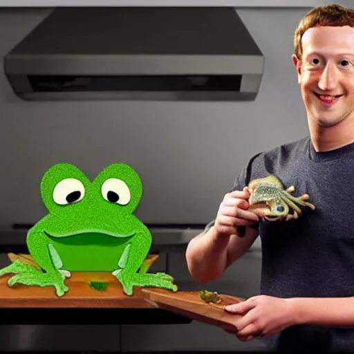 Image similar to mark zuckerberg as a chef offering you a live frog on a plate