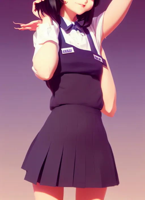 Image similar to full body beautiful and cute and aesthetic school girl greeting, very slightly smiling, wave a hand at the camera, perfect face, symmetric eyes, sharp focus, specular reflection, occlusion shadow, artstation, by ilya kuvshinov and jeremy lipking, light novel cover art, 3 d epic illustrations, symmetric body, model pose