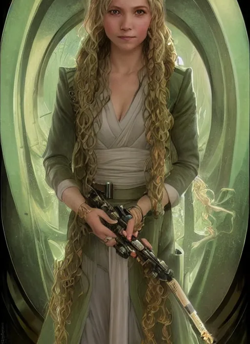 Prompt: a young april with a mischievous face and extremely long blonde wavy hair dressed in a green pale suit, she is a jedi from star wars, intricate detailed face, artgerm, greg rutkowski, alphonse mucha