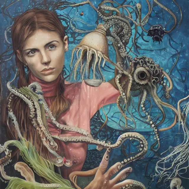 Prompt: a dark underwater portrait, a female art student holding an octopus, jellyfish, shipwreck, berries, scientific glassware, neo - expressionism, surrealism, acrylic and spray paint and oilstick on canvas